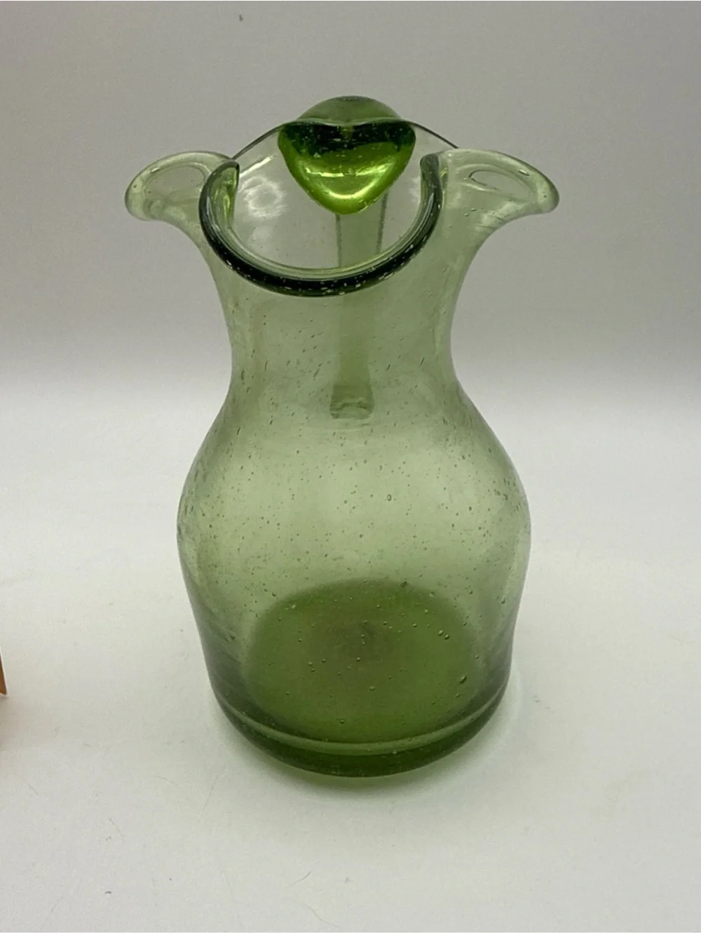 Vintage Hand Blown Green Bubble Glass Pitcher Vase Jamestown Virginia Glasshouse